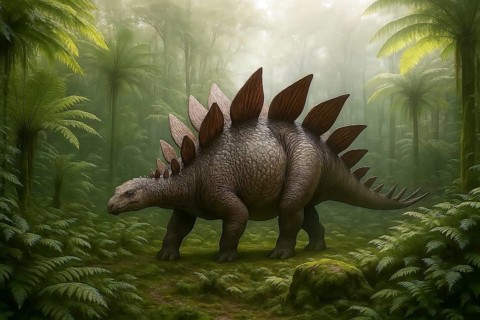 A stegosaurus (stegosauria) in a prehistoric forest of ferns, symbol dinosaur, sauropods, extinct,