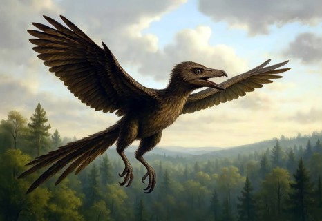 An archaeopteryx, a prehistoric bird, flies over a prehistoric forest landscape, symbol dinosaur,