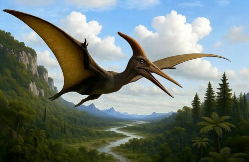A pterodactyl (Pterodactyloidea) flies over a prehistoric landscape, symbol dinosaur, pterosaur,