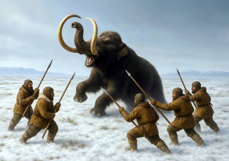 A wildly trometing mammoth (mammoth) in the glacial cold steppe is attacked by prehistoric hunters