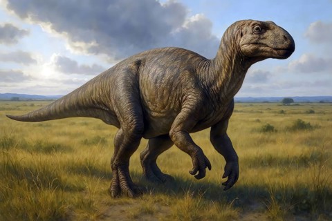A dinosaur, an iguanodon, extinct in a steppe, symbolic image. Prehistoric, dinosaur, Cretaceous