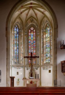 Interior view, choir room, altar, Jesus on the Cross, City Church, Bietigheim-Bissingen,