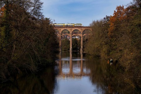 Regional train, regional train, train colors on railway viaduct, viaduct, railway bridge, across