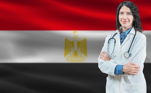 Egyptian medicine and healthcare concept. Close up of doctor against Egypt flag background