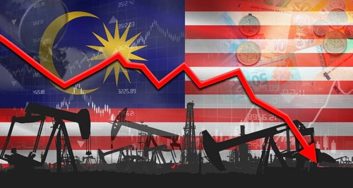 Fall oil price with Malaysian flag on economic chart, Petrol crisis with Malaysian flag on