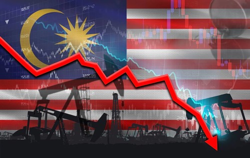 Crude crisis with Malaysian flag on financial graph. Fall oil price with flag of Malaysia on