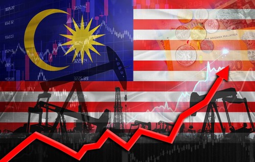 Oil production with Malaysia flag, petrol industry. Oil pumps with Malaysian flag