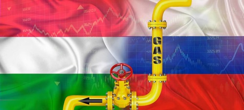 Gas pipeline with Russian and Hungary flag. Production and export of Russian gas to Hungary