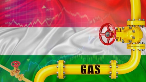 Gas pipeline with the Hungary flag in the background. Gas production with the Hungarian flag on a