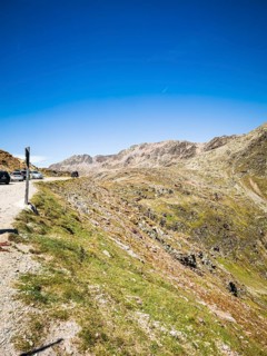 View of the high-alpine mountain landscape at the Timmelsjoch rest house on the border between