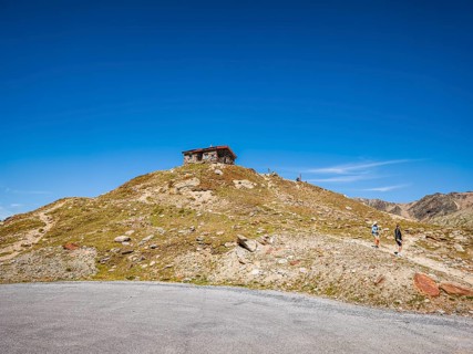 Steinerne Hütte at the Timmelsjoch rest house on the border between Austria and Italy, above