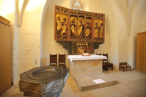 Baptismal font and folding altar, St. Petri Pauli church and baptistery by Martin Luther,