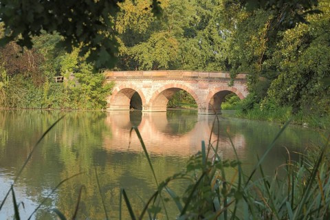 Red bridge, lake, stone arch bridge, forest, landscape, Schönbusch, Aschaffenburg, Lower Franconia,