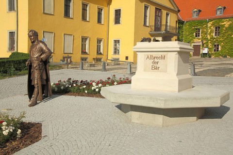 Monument to Albert I of Brandenburg with inscription, Albert the Bear, knight with sword,