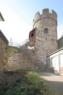 Historic city wall and tower with battlements, city fortifications, Lahnstein,