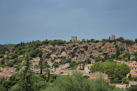 Cityscape with towers and rocks, Cotignac, Var, Provence, France