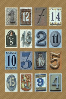 Magic square with 16 numbers, four times 4, ordered house numbers with the same checksum, geometric