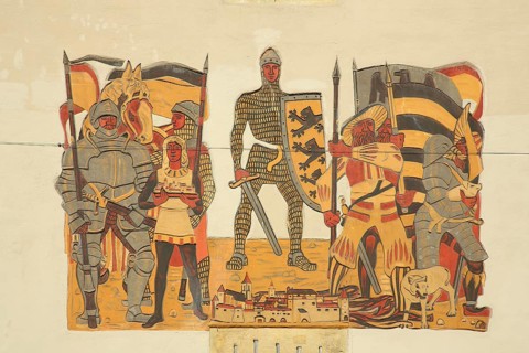 Wall painting with medieval scene, knight with shield and Baden-Württemberg coat of arms, staufes,