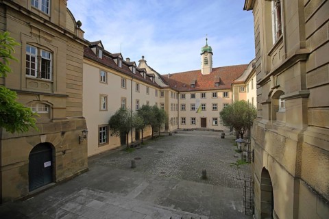 Courtyard with building from the Goethe-Institut, Schwäbisch Hall, Franconia, Baden-Württemberg,