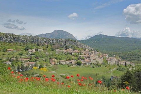 View of mountain village Trigance and landscape with mountains, poppies, Provençal Alps, Western
