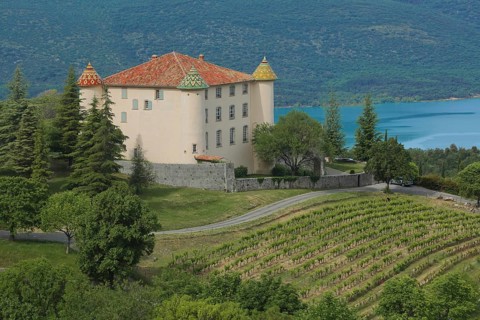Renaissance castle with vineyards, Aiguines, Lac de Sainte-Croix, Verdon Reservoir, landscape,