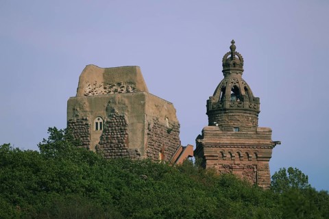 View of towers with crowns from the Kyffhäuser monument, Kyffhäuser, Thuringia, Germany