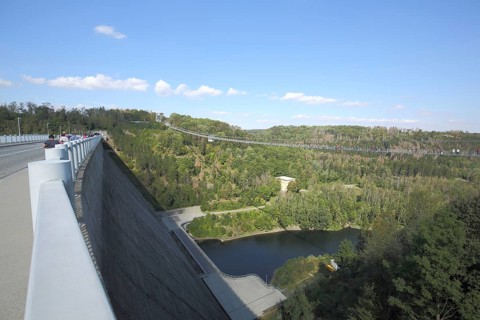 Titan-rt pedestrian suspension bridge with 485 m length, Rappbode dam, tourist attraction, Rappbode