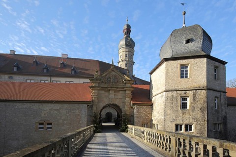Entrance to the baroque castle with gatehouse, Weikersheim, Baden-Württemberg, Germany