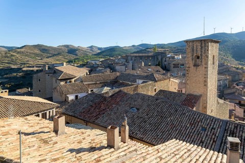 View over rooftops medieval village of Sos del Rey Católico, Cinco Villas district, Zaragoza