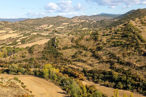 Countryside landscape view east to the Pyrenees Mountains, Sos del Rey Catolico, Cinco Villas