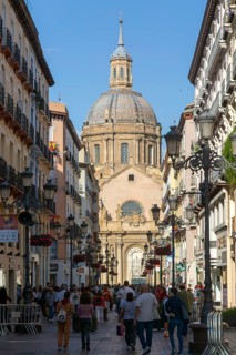 View of Basilica of Our Lady of the Pillar cathedral church from Calle de Alfonso I, Zaragoza,