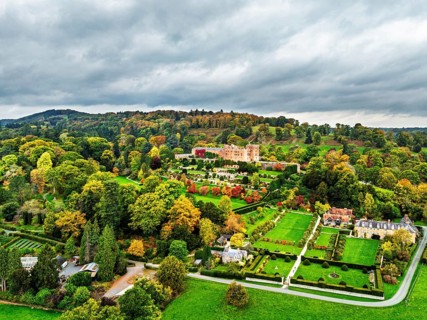 Autumn colours over Powis Castle and Garden from drone, Welshpool, Powys, Wales, England, United