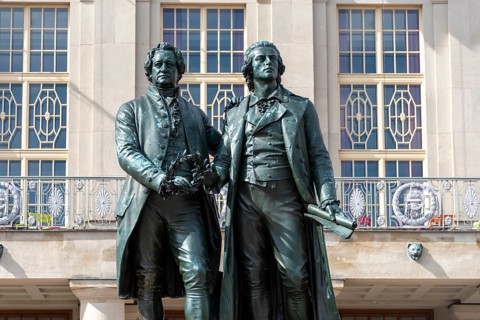 Goethe Schiller Memorial in front of the German National Theatre in Weimar, Thuringia, Germany