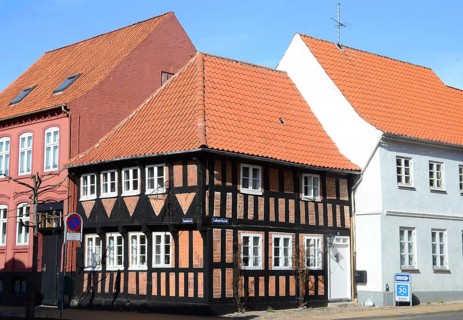 Typical red Danish half-timbered house in Assens, Funen island, Denmark, Scandinavia