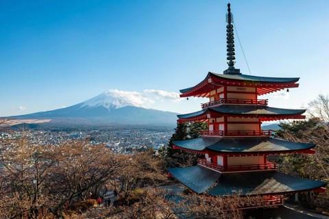 Five-story pagoda of a Shinto Shrine, Chureito Pagoda, with views of Fujiyoshida City and Mount