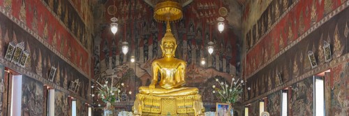 Golden Buddha statue with Bhumispara mudra, Buddha Gautama at the moment of enlightenment,