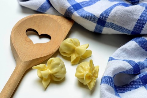 Saccottini, type of Italian pasta and cooking spoon with heart, pasta from Italy