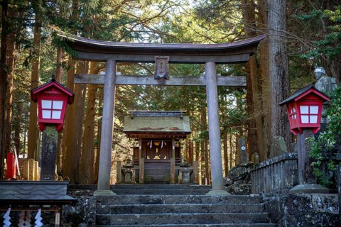 Torii and buildings at Shinto Shrine, Kitaguchi-hongu Fuji Sengen Shrine, Shinto Shrine in the