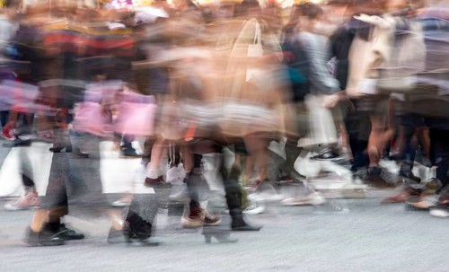 Crowd crossing zebra crossing, motion blur, long exposure, Shubuya Crossing, Shibuya, Tokyo, Japan