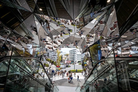 Staircase, entrance to a shopping center with many mirrors, Tokyu Plaza Omotesando Harajuku, modern