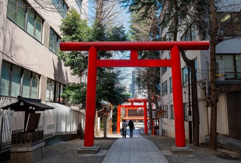Red torii gates at the entrance of a Shinto shrine, Hanazono Shrine, Shinjuku City, Tokyo