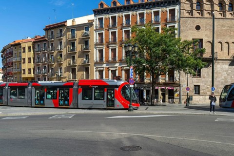 Light rail tram city public transport system CAF Urbos 3 trams, Tranvía de Zaragoza, Zaragoza,