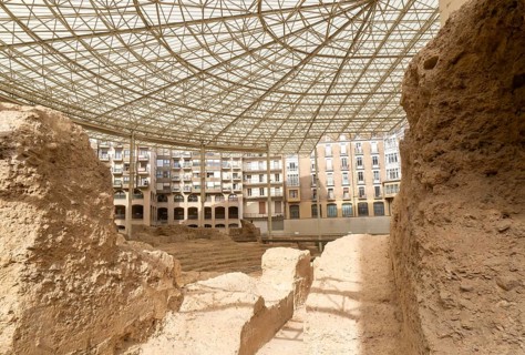 Covered ruins of Roman theatre amphitheatre, Zaragoza, Aragon, Spain
