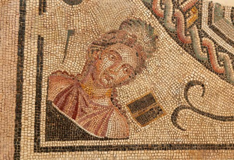 Mosaic inside Museo del Foro de Caesaraugusta, Roman forum museum, Zaragoza, Aragon, Spain