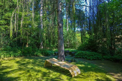 Lounger, idyllic resting place, wooden garden lounger, meadow, trees, green plants, gardens,