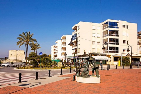 Pedestrian zone at the harbor, sculpture, Moraira, former fishing village, pearl of the Costa