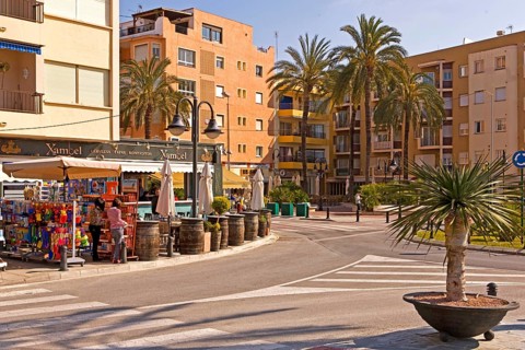 Pedestrian zone at the harbor, palm trees, Moraira, former fishing village, pearl of the Costa