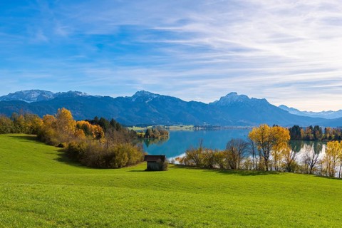 Landscape with green meadow, Forggensee and mountains, surrounded by autumn trees, near Roßhaupten,