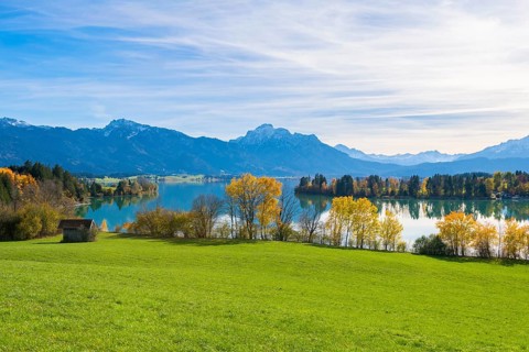 Forggensee and mountains in an autumnal setting, green meadow in the foreground, near Roßhaupten,
