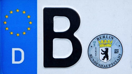 Car number plate with the letter B for Berlin, Federal Capital, Germany